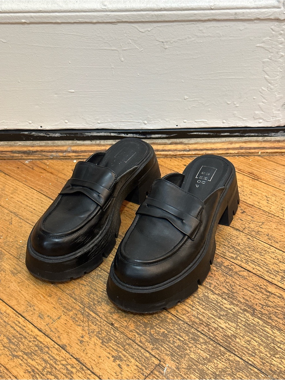 ShuShop Black Chunky Platform Penny Loafer Mules